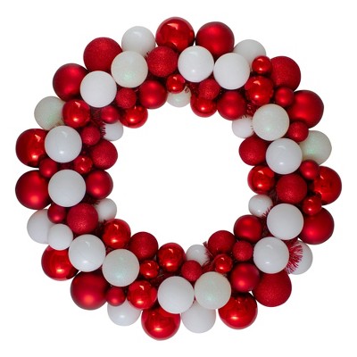 Northlight White and Red 3-Finish Shatterproof Ball Christmas Wreath - 24-Inch, Unlit