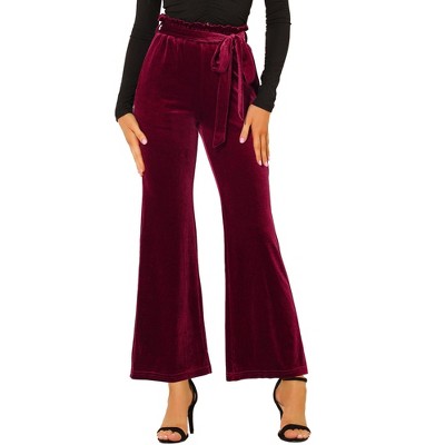 Allegra K Women's Velvet Tie Waist Stretchy Wide Leg Pants with Pockets