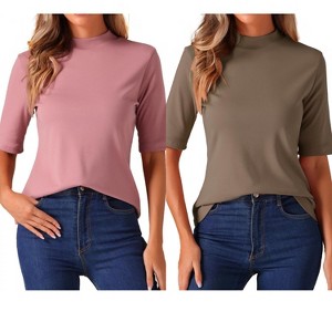 INSPIRE CHIC Women's Half Sleeve Casual Turtleneck Solid Elastic Soft T-Shirts 2 Packs - 1 of 4