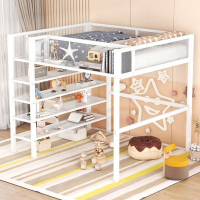 Whisen Morden Design Metal Loft Bed with 4-Tier Shelves and Storage