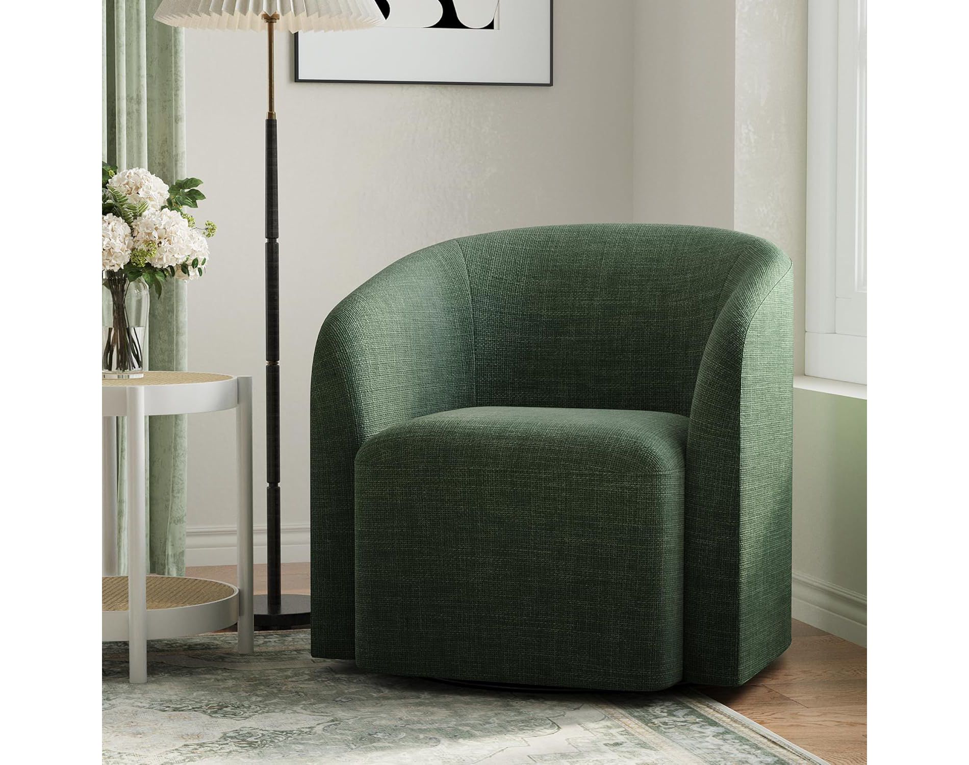 Green Swivel Barrel Accent Chair, Upholstered 360° Rotating Armchair for Living Room, Bedroom, Office, or Waiting Area – No Assembly Needed