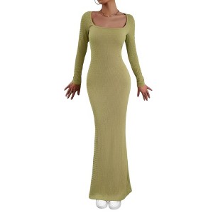 BLUEMING Women's Square Neck Long Sleeve Knit Maxi Dress Knit Bodycon Long Dress - 1 of 4