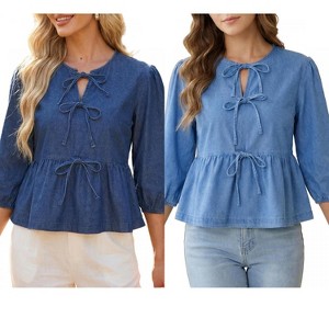 INSPIRE CHIC Women's Denim Tie Front Puff Sleeve Ruffle Hem Peplum