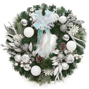 Christmas Wreath, Xmas Wreath for Front Door with Gold Bowknot, Artificial Pre-Decorated Holiday Accent with Ball Ornaments,Pine Cones - 1 of 4