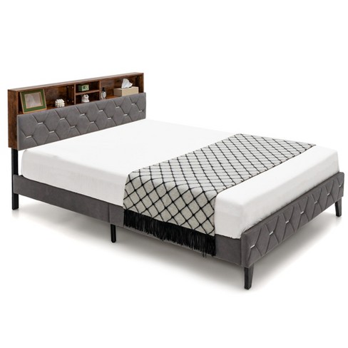 Costway Full Bed Frame Upholstered Platform Bed Mattress Foundation with  Storage Headboard