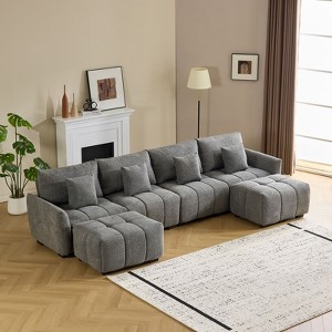 Karl Home |140 in.W Round Arm Boucle L-shaped American Tufed Sofa in Green with Ottoman - 1 of 1