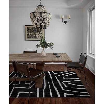 Black and Ivory Geometric Polyester Runner Rug