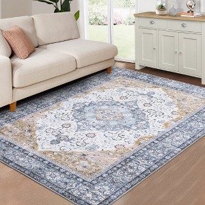 Vintage Area Rug Machine Washable Oriental Distressed Carpet Floral Medallion Stain Resistant Accent Rug - 1 of 4