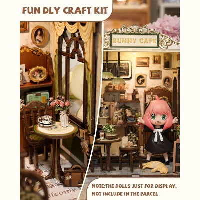 Детские куклы Etokfoks DIY Miniature Coffee Shop Book Nook Kit 233 pcs 3D Wooden Puzzle Mini House Building Kit with LED for Bookshelf Decor — фото 7