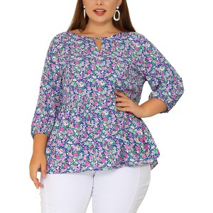 Agnes Orinda Women's Plus Size Floral Retro Keyhole Neck Lantern Summer Babydoll Blouses - 1 of 4