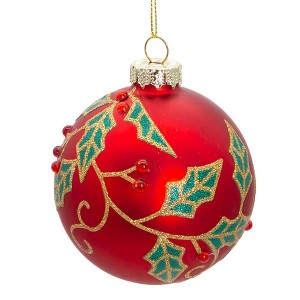 Kurt Adler 80MM Glass Red Berry and Holly Leaves 6-Piece Ball Ornament Set - 1 of 4