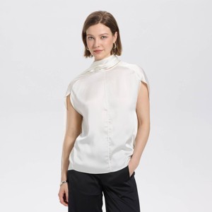 Women's Short Sleeve Collared Satin Scarf Woven Blouse - A New Day™ - 1 of 3