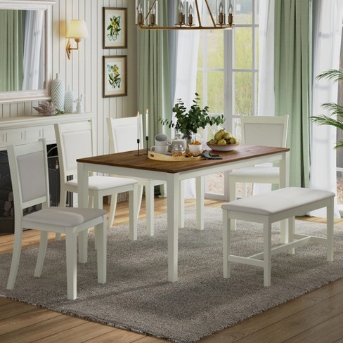 6 PCS Wood Dining Table Set Rectangular Table with 4 Upholstered Chairs Bench Butter Milk ModernLuxe