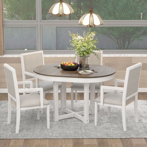 5-Piece Dining Set with Extendable Round Table and 4 Upholstered Chairs,  Natural Wood Wash - ModernLuxe