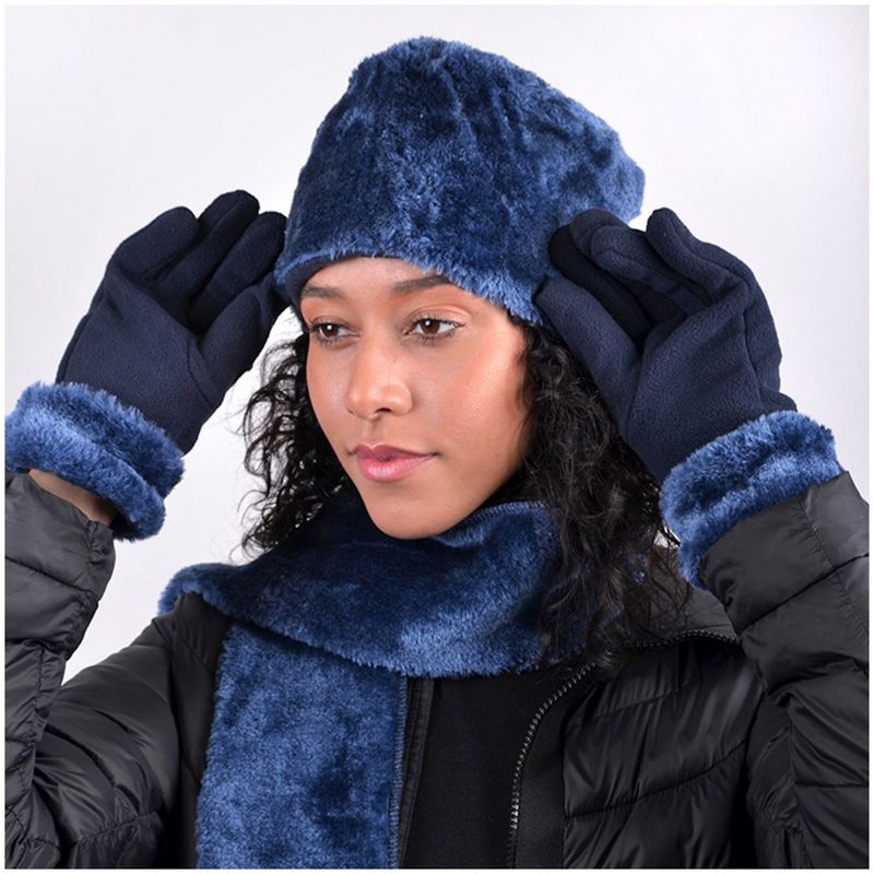Women's Plush Faux Fur and Fleece Gloves Scarf Hat 3 Piece Winter Set, 3 of 6