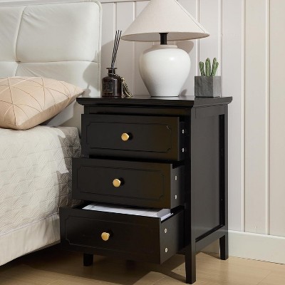 Black 3 Drawer Nightstand, Wood Night Stands Side Table With Extra-large Storage Space for Living Room, Bedroom