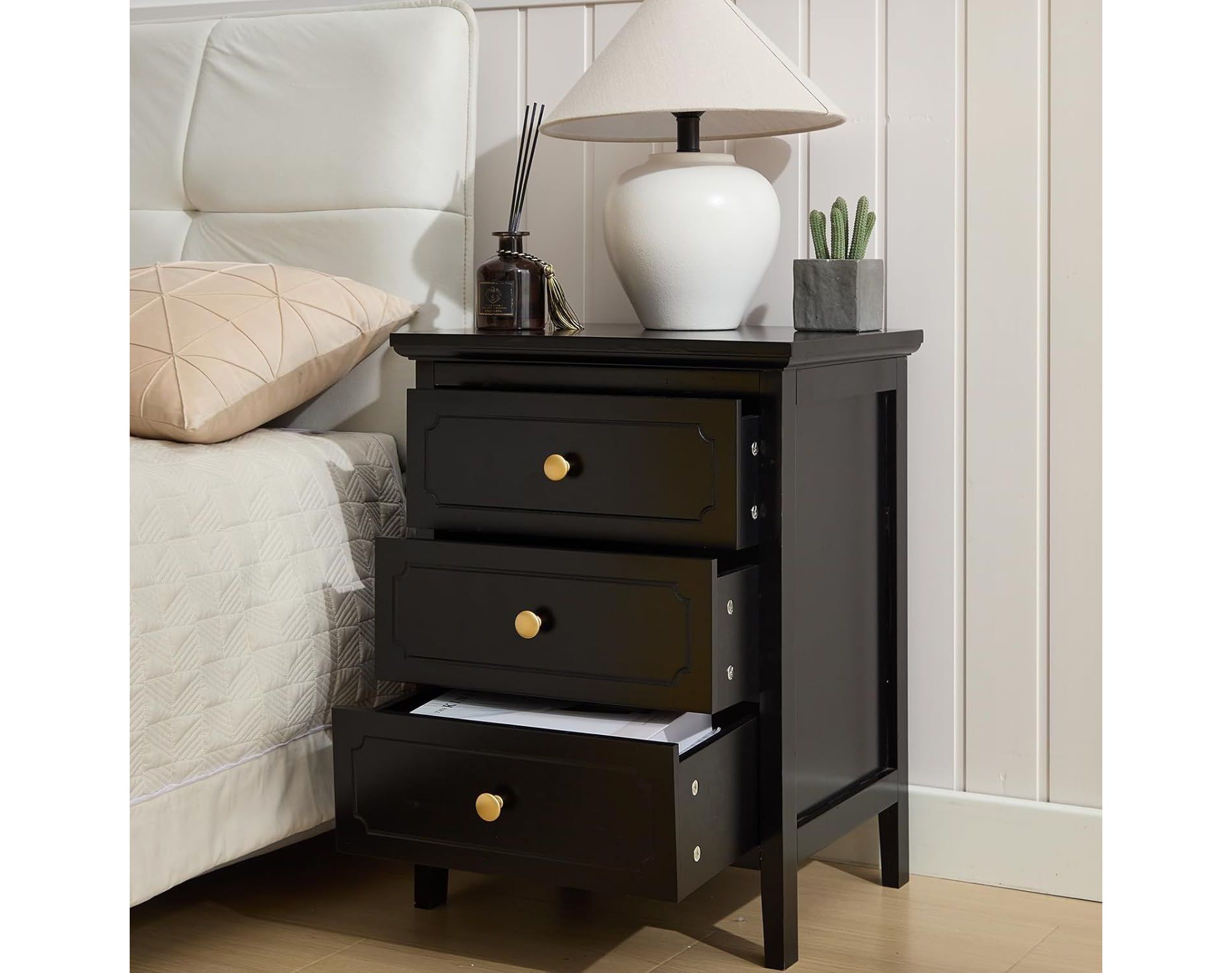 Black 3 Drawer Nightstand, Wood Night Stands Side Table With Extra-large Storage Space for Living Room, Bedroom