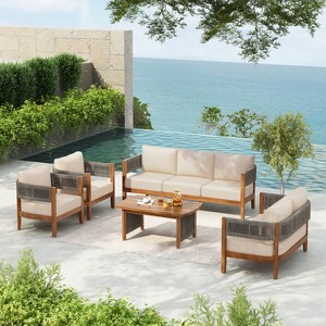 Christopher Knight Home Valentina Patio 5 Piece Rustic Rope Weave Acacia Wood Seating Set with Coffee Table and Cushions - 1 of 4