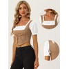 INSPIRE CHIC Women's Contrast Puff Sleeve Square Neck Lace Up Faux Suede 2 in 1 Crop Top - 2 of 4