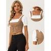 INSPIRE CHIC Women's Contrast Puff Sleeve Square Neck Lace Up Faux Suede 2 in 1 Crop Top - image 2 of 4