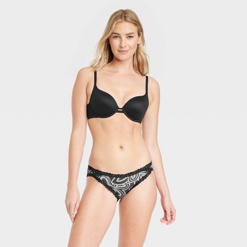 Women's Floral Print Lace Trim Cotton Bikini Underwear - Auden™ Black XS