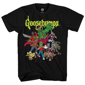 Mens Goosebumps Horror Mask Shirt - Goosebumps Book List Front and Back Mens T-Shirt - 1 of 4