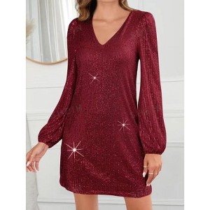 Women's Long Sleeve V-Neck Sequin Party Dress - Knee-Length Evening Gown (S-2XL) - 1 of 4