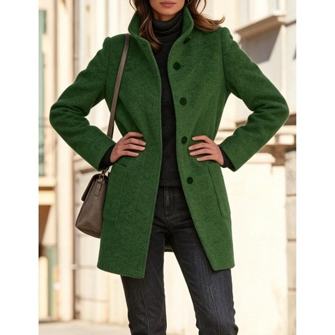 Женское пальто YesFashion Women Stand Collar Single Breasted Pocket Mid Length Fall Outerwear Coat, M, Dark Green, цвет: Тёмный зелёный