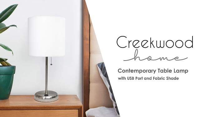 19.5" Bedside USB Port Feature Metal Table Desk Lamp Brushed Steel Fabric Shade - Creekwood Home, 2 of 10, play video