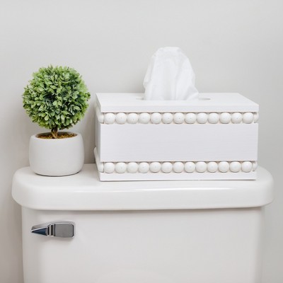 White Beaded Rectangular Paulownia Wood Tissue Box Cover