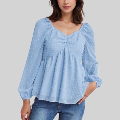 Anna-Kaci Women's Swiss Dot Long Sleeve Blouse with Ruched Front and Peplum Hem