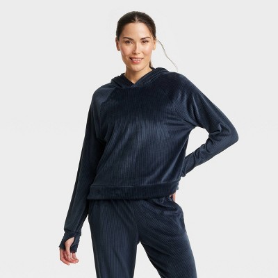 Image of Women's Velour Ribbed Hooded Sweatshirt - All In Motion™ Navy Blue M