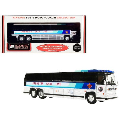 1980 MCI MC-9 Crusader II Coach Bus "Brewster Gray Line" (Canada) White & Silver w/Stripes 1/87 (HO) Diecast by Iconic Replicas