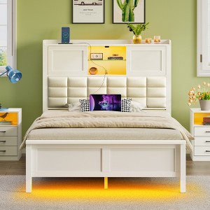 Greenstell Twin Bed Frame with Upholstered Storage Headboard Sliding Doors & Drawers and Charging Station & LED Light Wood White - 1 of 4