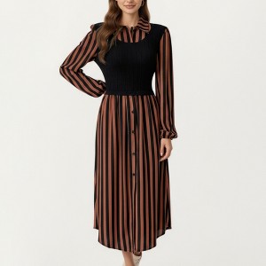 Anna-Kaci Women's Long Sleeve Striped Button-Front Midi Dress with Knit Vest Overlay and Collared Neckline - 1 of 4