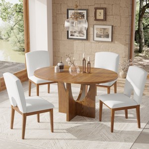 5-Piece Extendable Round Dining Table Set With 16''Removable Leaf, Table Set With 4 Upholstered Chairs, Dining Sets Round-Cuddlewood - 1 of 4