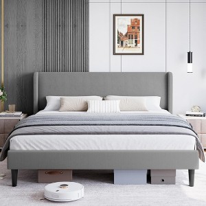 Bed Frame with Vertical Channel Headboard, Upholstered Bed Frame with Wood Slats - 1 of 4