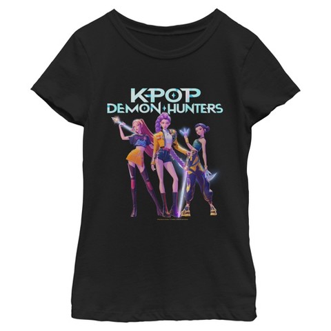 KPop Demon Hunters Girls' KPop Demon Hunters HUNTR/X Battle Ready Group Shot T Shirt - Black - Small