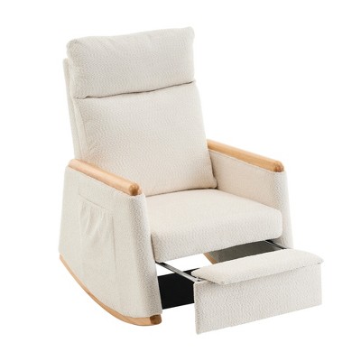 TiramisuBest LY-5104 Beige Accent Rocking Chair with Footrest High Back Rubber Wood Rocking Legs Bedroom Living Space