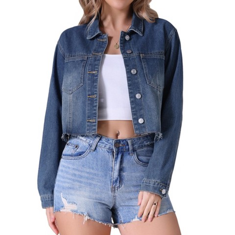 INSPIRE CHIC Women's Long Sleeve Button Down Turndown Collar Frayed Hem Trendy Cropped Washed Denim Jacket Light Blue Medium