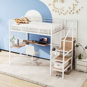 MAYEERTY Twin Size Metal Loft Bed, Desk Metal Grid Lateral Ladder Wardrobe, Bedroom, Black - 1 of 4