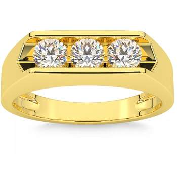Pompeii3 3/4 Ct Diamond Three Stone Mens Wedding 3 Round Jewelry Ring 10k Yellow Gold