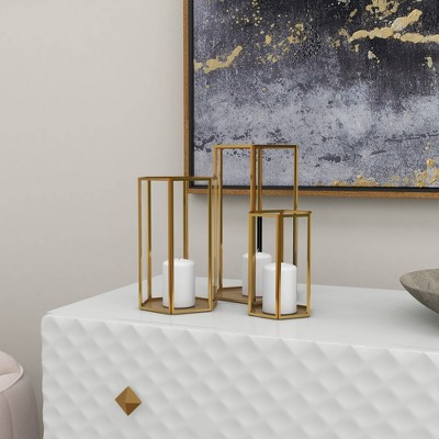 Gold Iron and Glass Hexagonal Candle Lantern Set