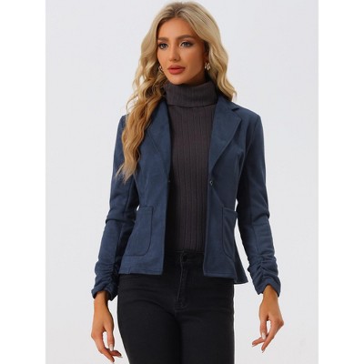 INSPIRE CHIC Women's Notched Collar Button Ruched Long Sleeve Faux Suede Blazer Medium Dark Blue — фото 2