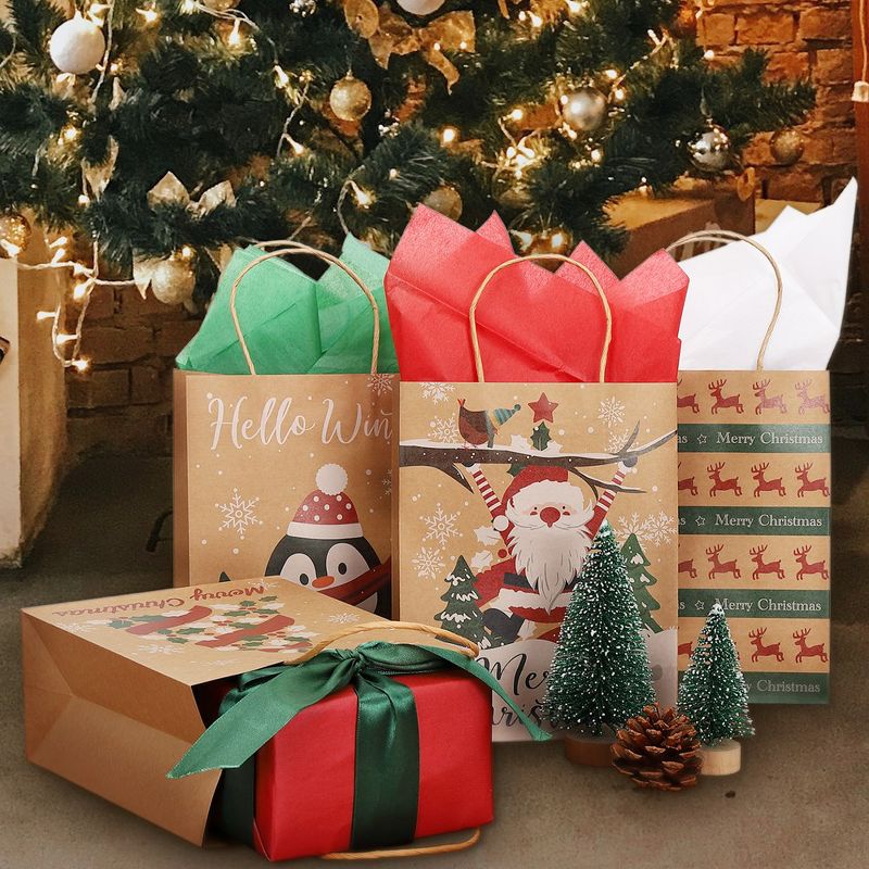 30Pcs Christmas Paper Gift Bags with Tissue Paper, Bulk Kraft Paper Bags with Handle, 4 of 7