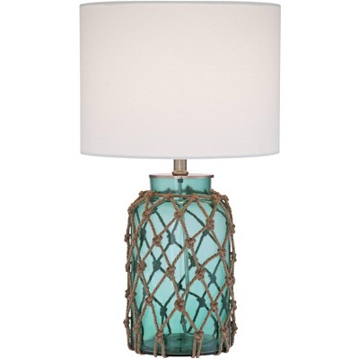 360 Lighting Nautical Accent Table Lamp Coastal Blue Green Glass Rope Net Off White Drum Shade for Living Room Family Bedroom