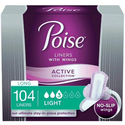 Poise Ultra Thin Fragrance free Incontinence Panty Liners with Wings -  Active Collection -  Light Absorbency -  Long -  104ct (4 Packs of 26)