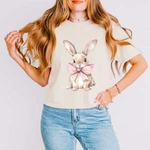 Bunny Watercolor With Bow - Women's Boxy Crop Top Graphic T-Shirt - 1 of 4