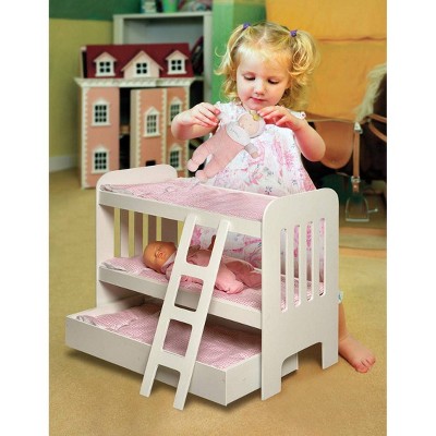 White and Pink Wooden Doll Bunk Bed with Ladder and Trundle