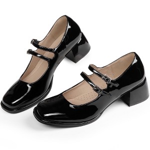 BLISSFUL STEP Women's Square Toe Ankle Strap Block Heels Mary Jane Pumps - 1 of 3